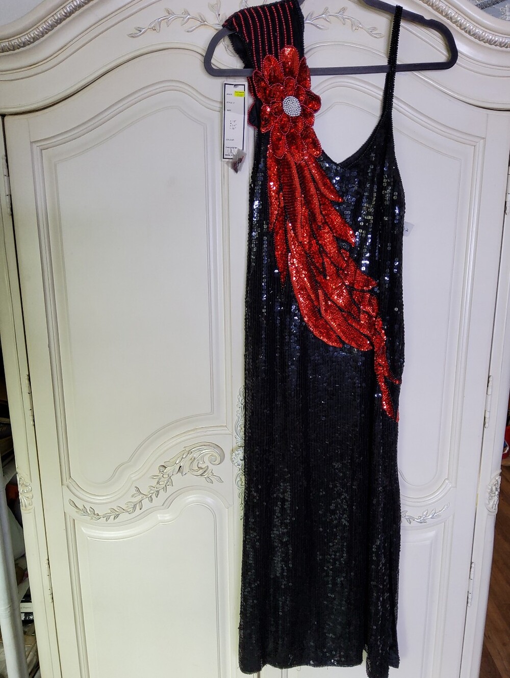 Gorgeous 1980s Black Sequin Silk Evening Dress with Red Sequin Floral Accent
